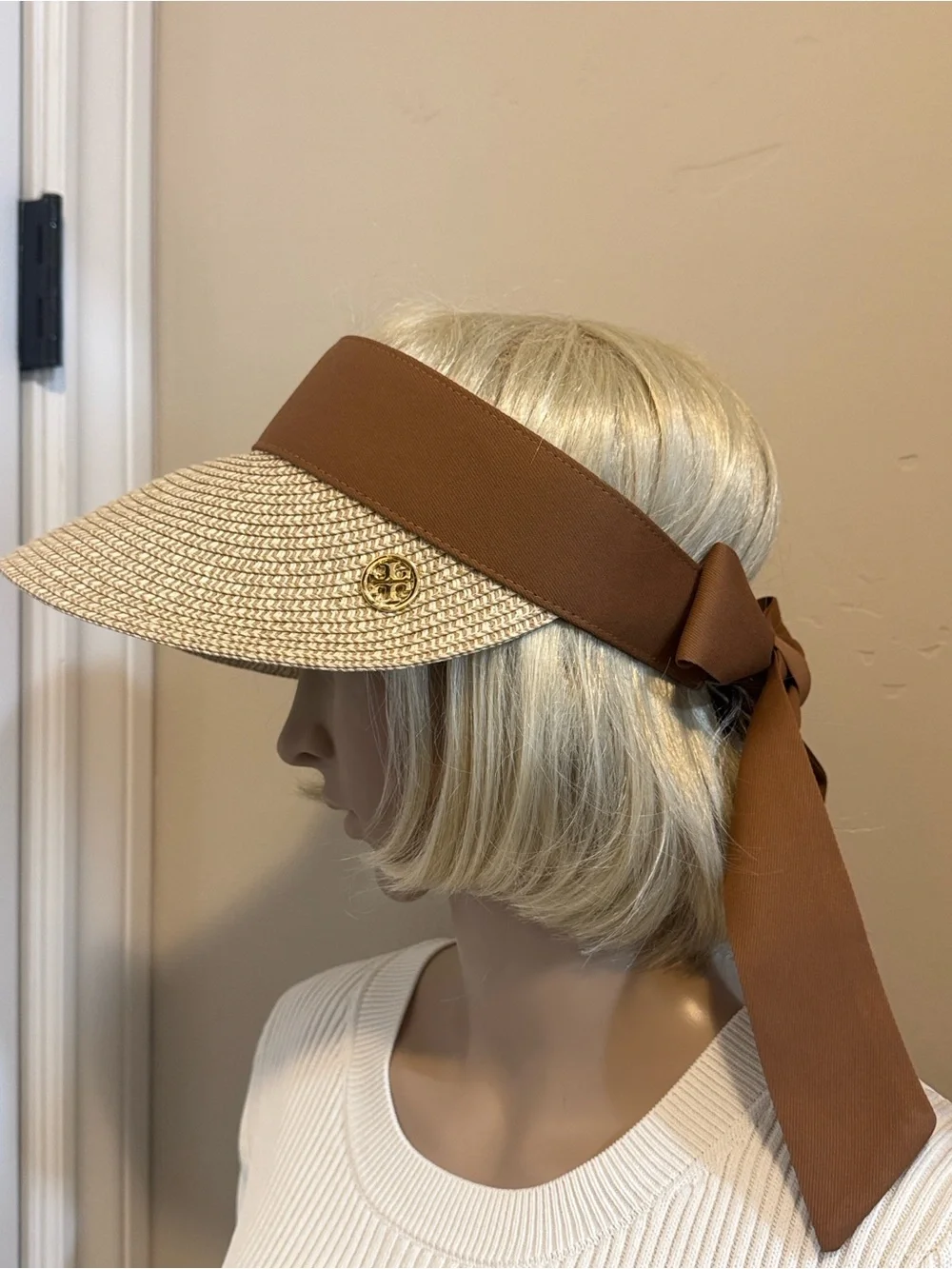 NEW✨NEW✨Tan-Brown Woven Straw Visor with Brown Tie Back- One Size 50+UPF
